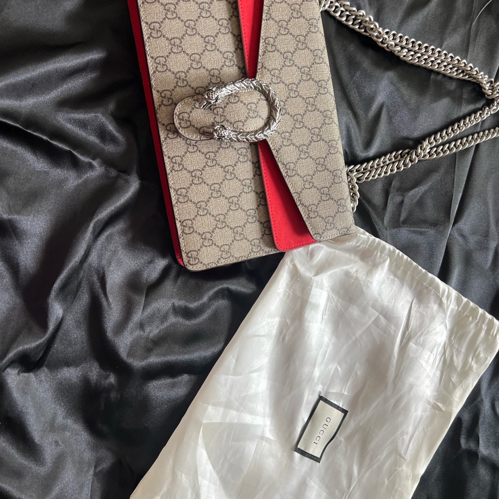Gucci Brown and Red Clutch with Signature GG Monogram
